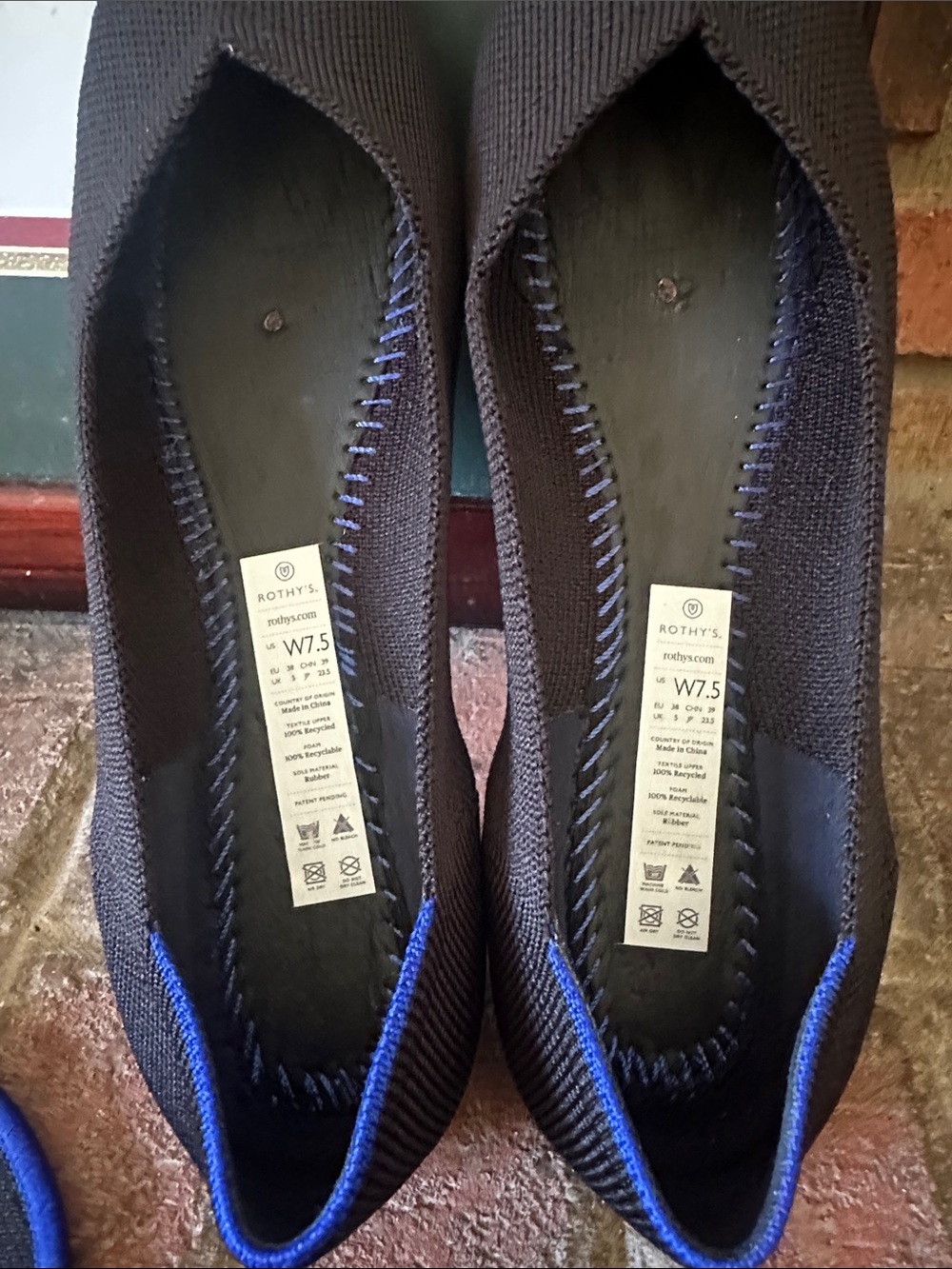 Rothy's Black Pointed Knit Flats with Blue Trim - Picture 3 of 7